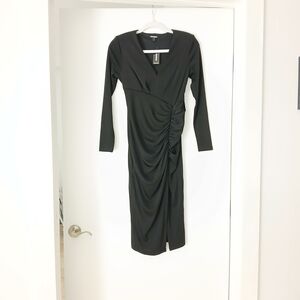 Express Black Long-Sleeve Ruched V-Neck Midi Dress